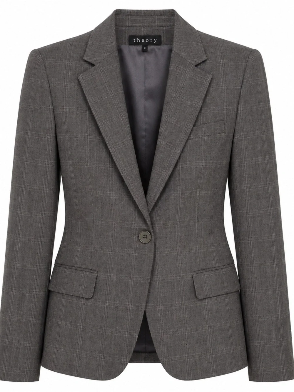 Theory Gray Plaid 100% Wool Tailored One Button Blazer Jacket Size 2 NWOT